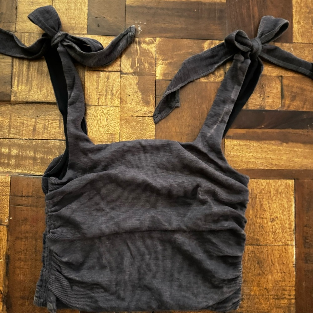 Free People‎ Boulevard Tank Top Ribbed Crop Shoulder Tie Gray black Sz M - Picture 4 of 8